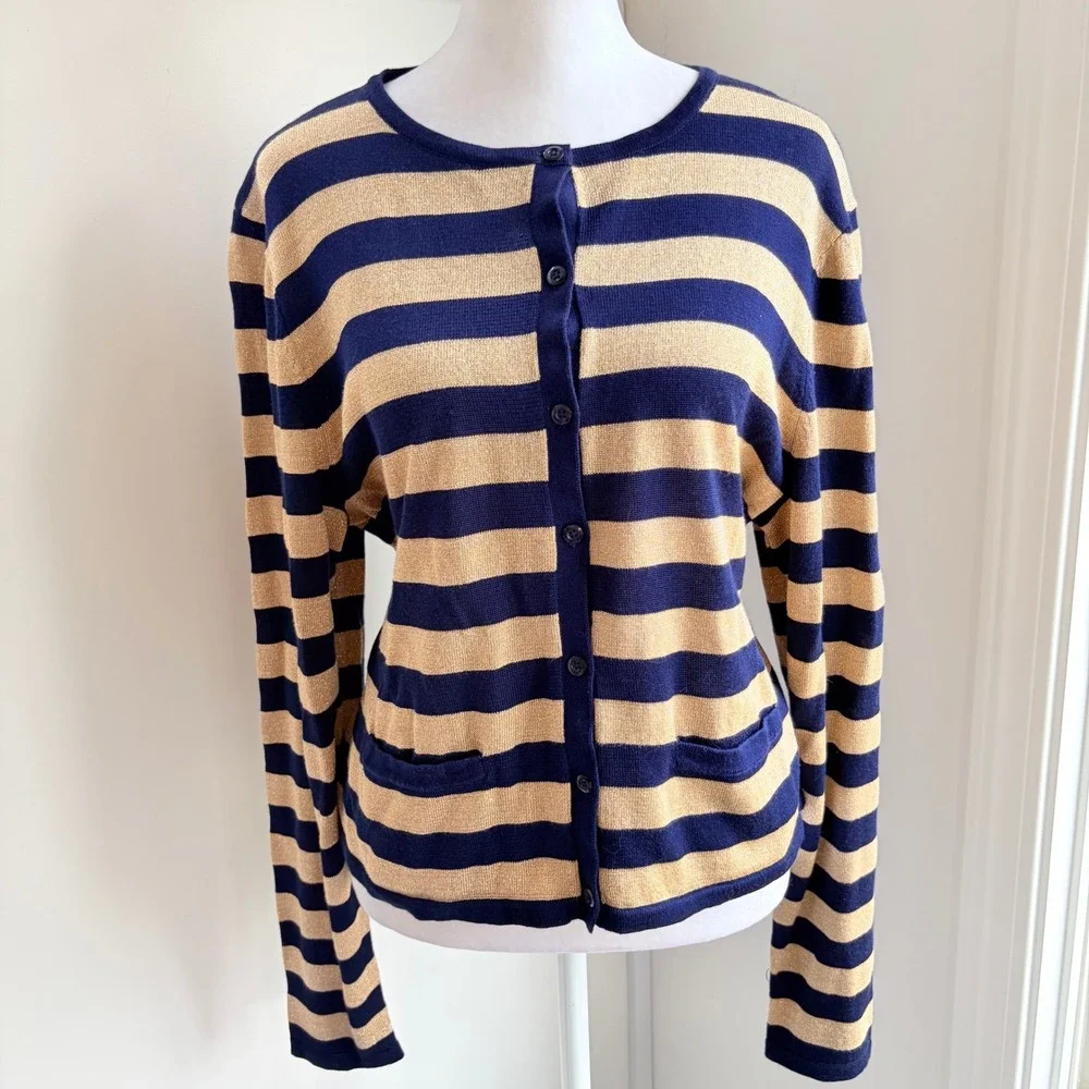 Ralph‎ Lauren NWT Cardigan XL Navy Gold Striped Shimmer Knit Sweater